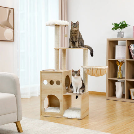 Arbre à chat en bois avec griffoirs en sisal, condo confortable et hamac