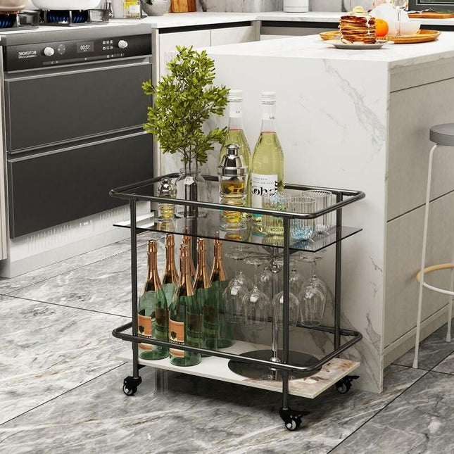 Luxury 2-Tier Rolling Bar Cart with Tempered Glass and Sintered Stone - Wnkrs