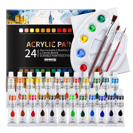 Coffret de peinture acrylique professionnelle - Tubes de 12 ml en 24 couleurs vives avec ensemble de pinceaux