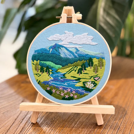 Kit de broderie de paysage DIY avec motif imprimé et cerceau en plastique