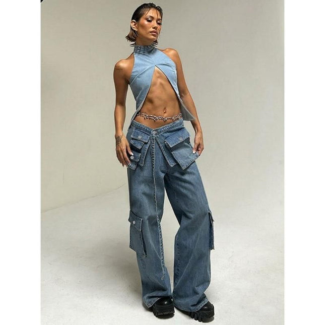 Jean baggy taille haute avec poches cargo à lacets
