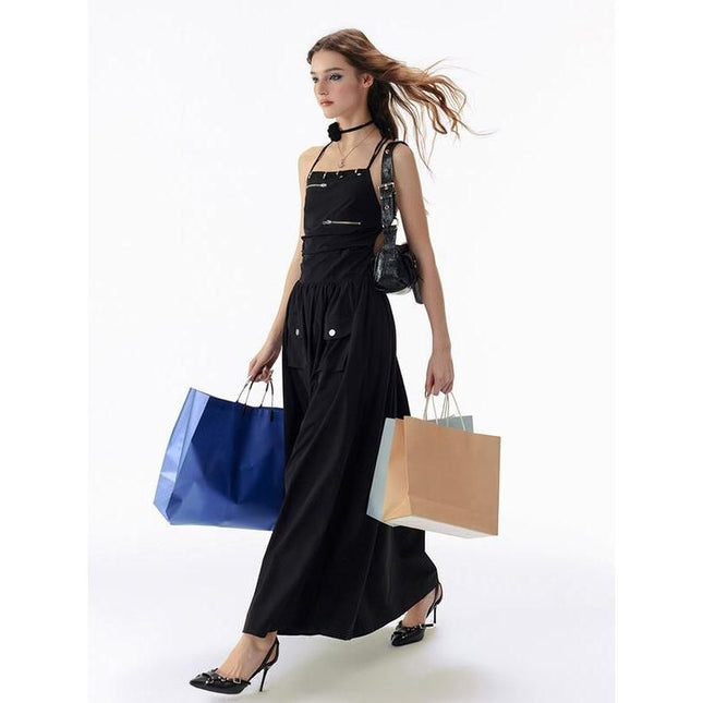 Elegant Basic Solid Black Backless Bandage Maxi Dress with Pockets