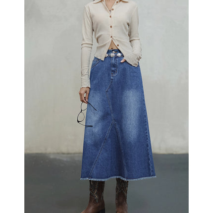 Jupe trapèze asymétrique en denim délavé vintage pour femme