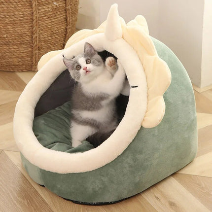 Cozy Semi-Closed Cat Bed - Soft Winter Pet House with Plush Cushion