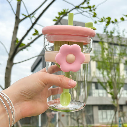 Tasse en verre à motif de fleurs avec couvercle, paille et infuseur