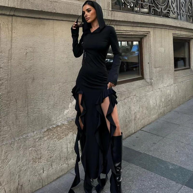 Vestido irregular con capucha y manga larga para mujer