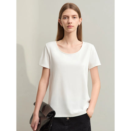 T-shirt slim extensible minimaliste à col en U pour femme