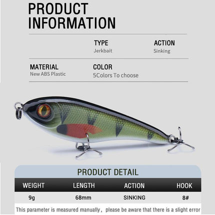 Señuelo de pesca jerkbait de hundimiento lento de 68 mm