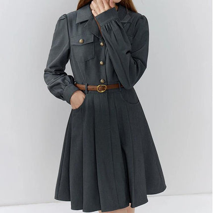 Robe de costume élégante grise avec ceinture pour femme de bureau