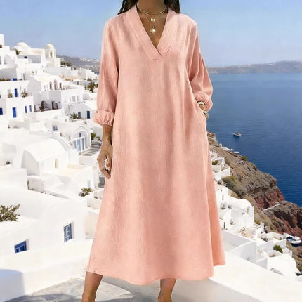 Womens Casual Straight-cut Long-sleeve V-neck Dress Available In Multiple Colors