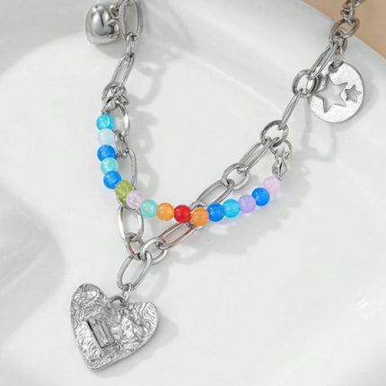 Chic Double Layer Pearl and Metal Necklace with Colorful Love Pendant - Wnkrs