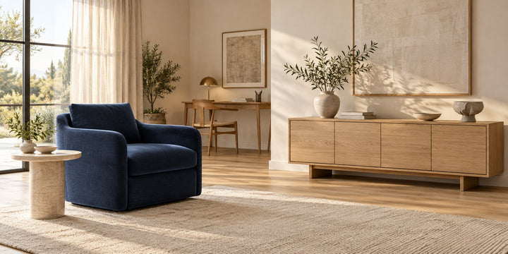 Navy armchair, oak sideboard and writing desk in warm natural light
