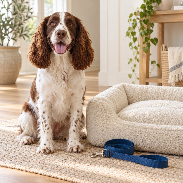 Spaniel beside a cozy dog bed and blue leash