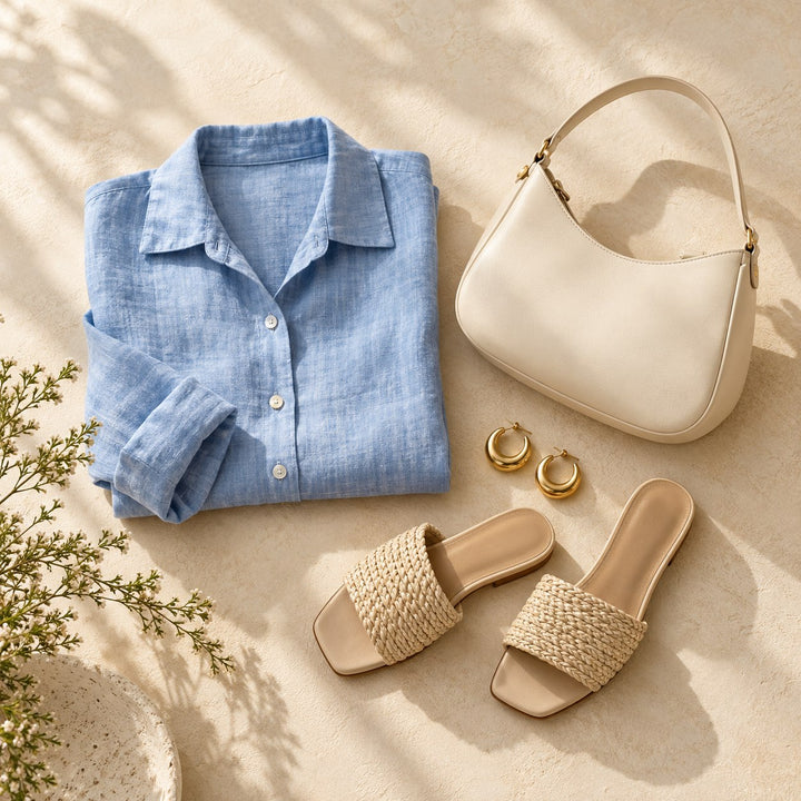 Blue blouse and neutral accessories in soft daylight