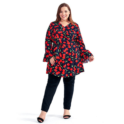 Women's Casual Long Blouse with Cherry Print - Wnkrs