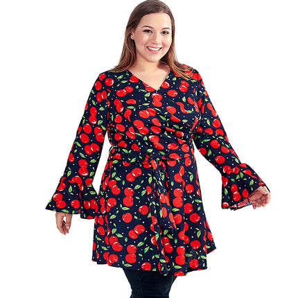 Women's Casual Long Blouse with Cherry Print - Wnkrs