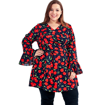 Women's Casual Long Blouse with Cherry Print - Wnkrs