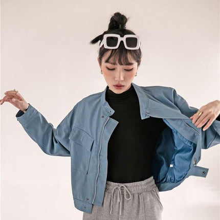 Blue Leather Bomber Jacket - Wnkrs