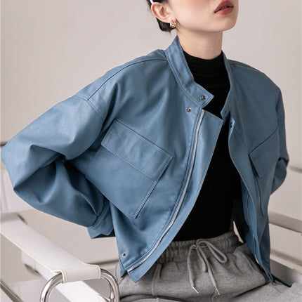 Blue Leather Bomber Jacket - Wnkrs