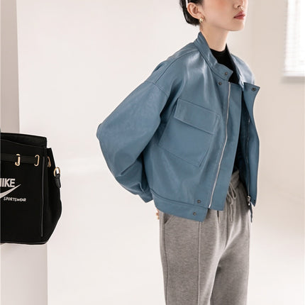 Blue Leather Bomber Jacket - Wnkrs