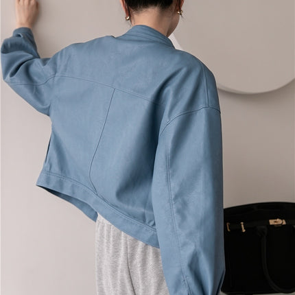 Blue Leather Bomber Jacket - Wnkrs