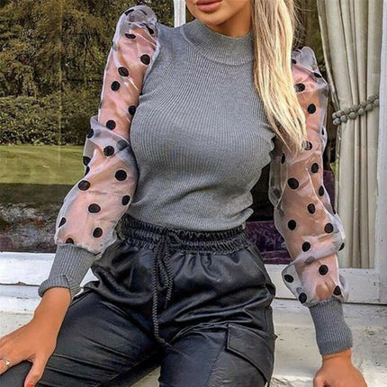 Women's Turtleneck Mesh Sheer Puff Sleeve Blouse - Wnkrs