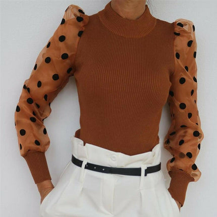 Women's Turtleneck Mesh Sheer Puff Sleeve Blouse - Wnkrs