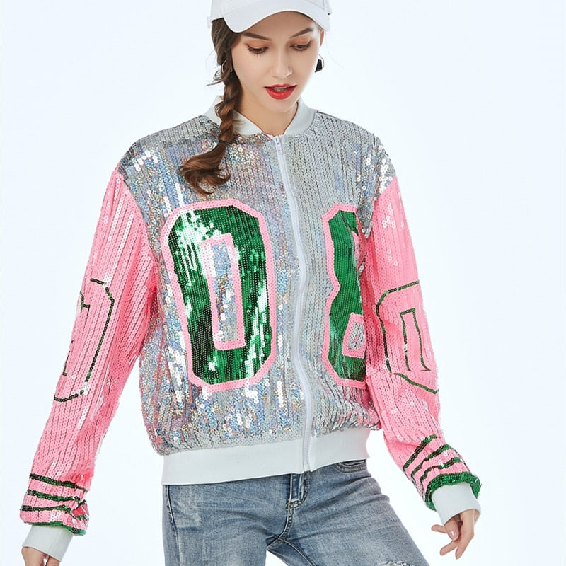 Women's Retro Style Sequined Bomber Jacket