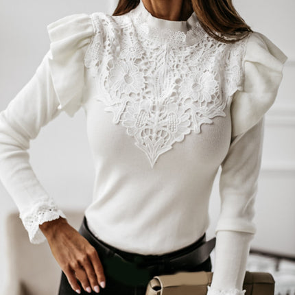 Women's Long Sleeved Ruffled Lace Patchwork Blouse - Wnkrs
