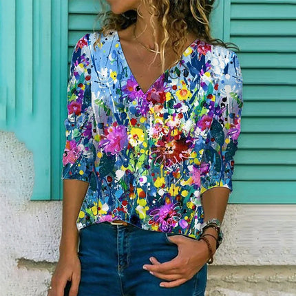 Women's Flower Printed V-Neck Blouse - Wnkrs