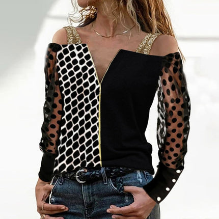 Women's Long Sleeved V-Neck Zipper Patchwork Top - Wnkrs