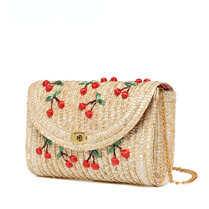 Women's Cherry Embroidered Straw Shoulder Bag - Wnkrs
