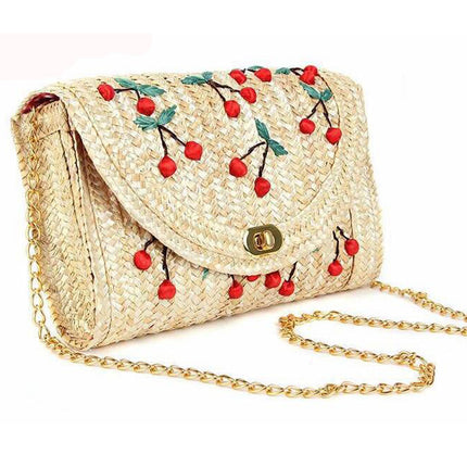 Women's Cherry Embroidered Straw Shoulder Bag - Wnkrs