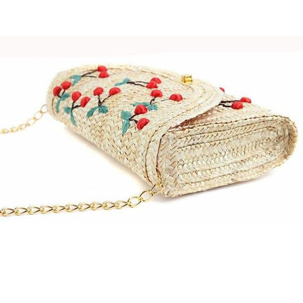 Women's Cherry Embroidered Straw Shoulder Bag - Wnkrs