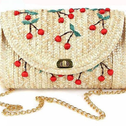 Women's Cherry Embroidered Straw Shoulder Bag - Wnkrs