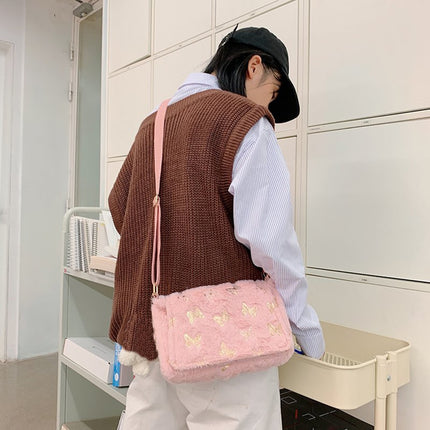 Women's Plush Handbag with Butterfly Print - Wnkrs