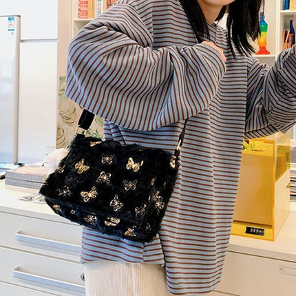 Women's Plush Handbag with Butterfly Print - Wnkrs