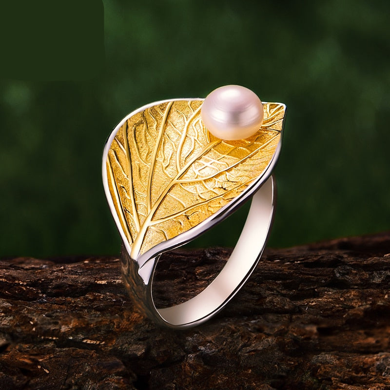 Lotus Shaped Silver Ring with Pearl