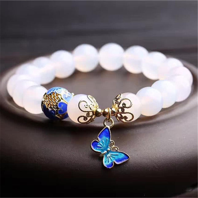 White Agate Beaded Bracelet with Butterfly Pendant - wnkrs