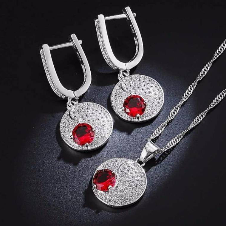 Women's Red Dot 925 Sterling Silver Necklace and Earrings Set