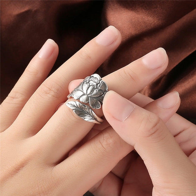 Women's Vintage Peony Flower Silver Adjustable Ring