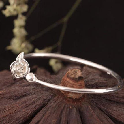 Elegant Romantic Rose Shaped Silver Bangle - Wnkrs