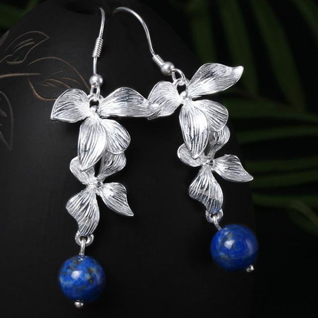 Elegant Long Magnolia Flower Shaped Silver Drop Earrings