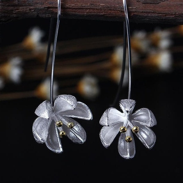 Ethnic Long Flower Shaped Silver Drop Earrings