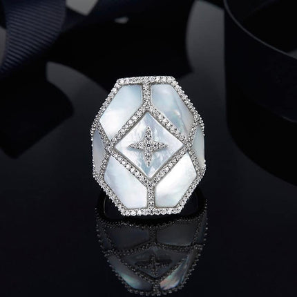 925 Sterling Silver Mother of Pearl Large Angular Ring - wnkrs