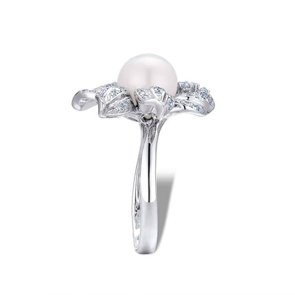 Genuine 14K 585 White Gold Elegant Fresh Water Pearl Ring for Women - Wnkrs