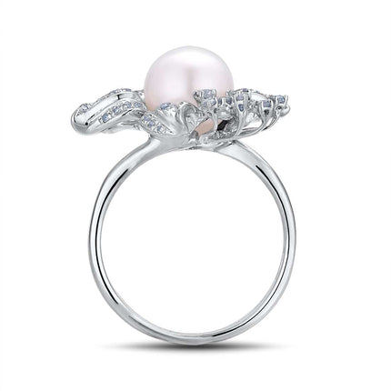 Genuine 14K 585 White Gold Elegant Fresh Water Pearl Ring for Women - Wnkrs