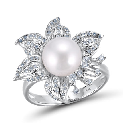 Genuine 14K 585 White Gold Elegant Fresh Water Pearl Ring for Women - Wnkrs