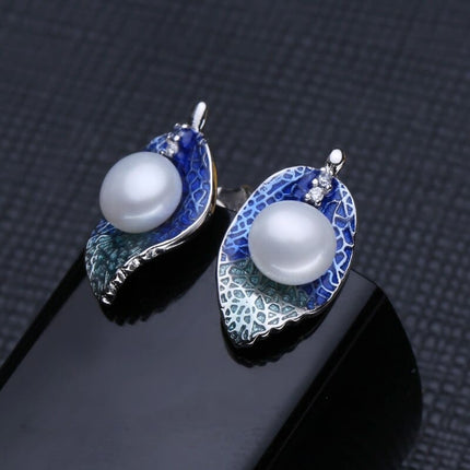 Women’s Leaves Shaped 925 Silver Pearls Necklace and Earrings Jewelry 3 pcs Set - Wnkrs