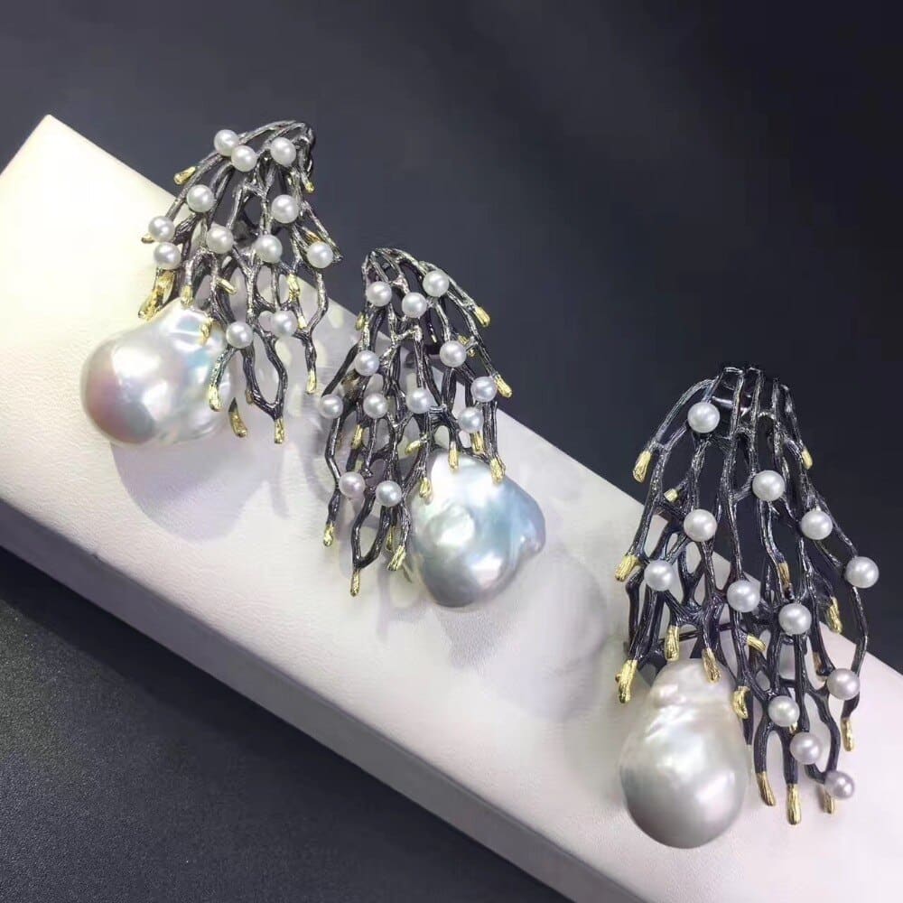Baroque Natural Pearl 925 Silver Coral Design Earring For Women